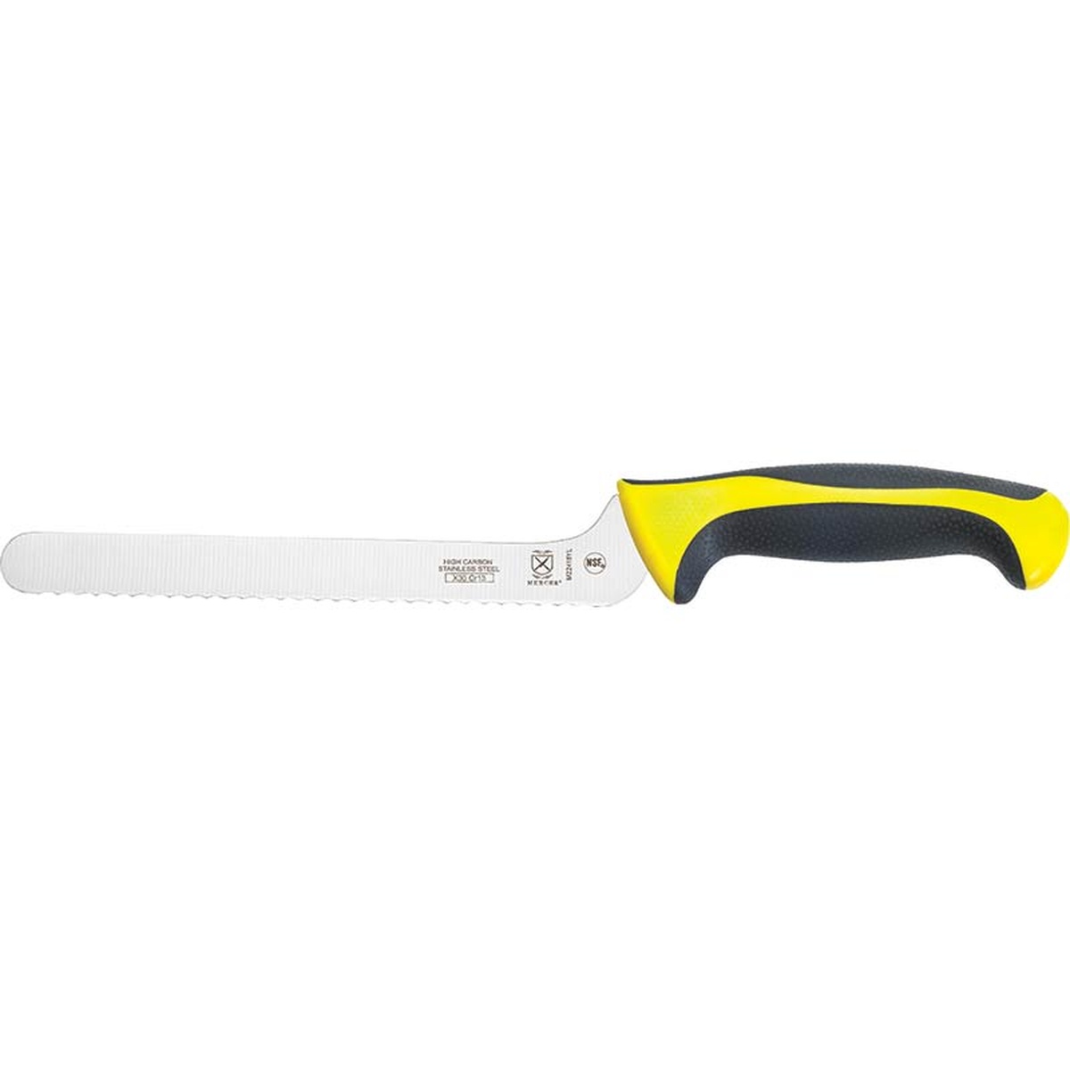 Mercer Culinary M22418YL 8-inch offset bread knife with yellow and black handle and wavy serrated blade, side profile view