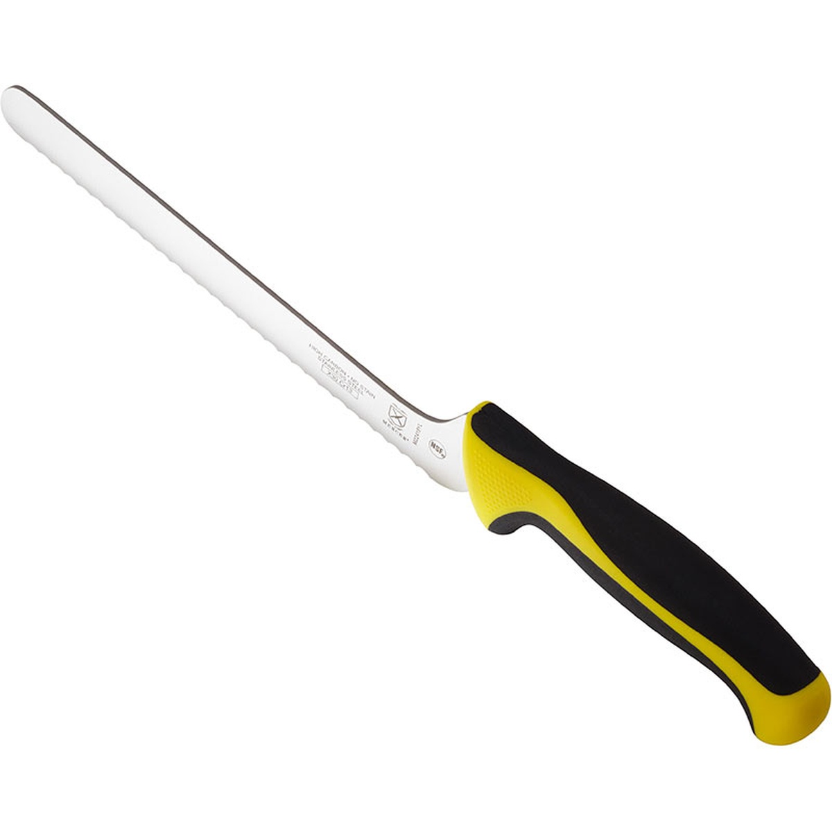Mercer Culinary M22418YL offset bread knife angled view highlighting yellow ergonomic handle and wavy blade