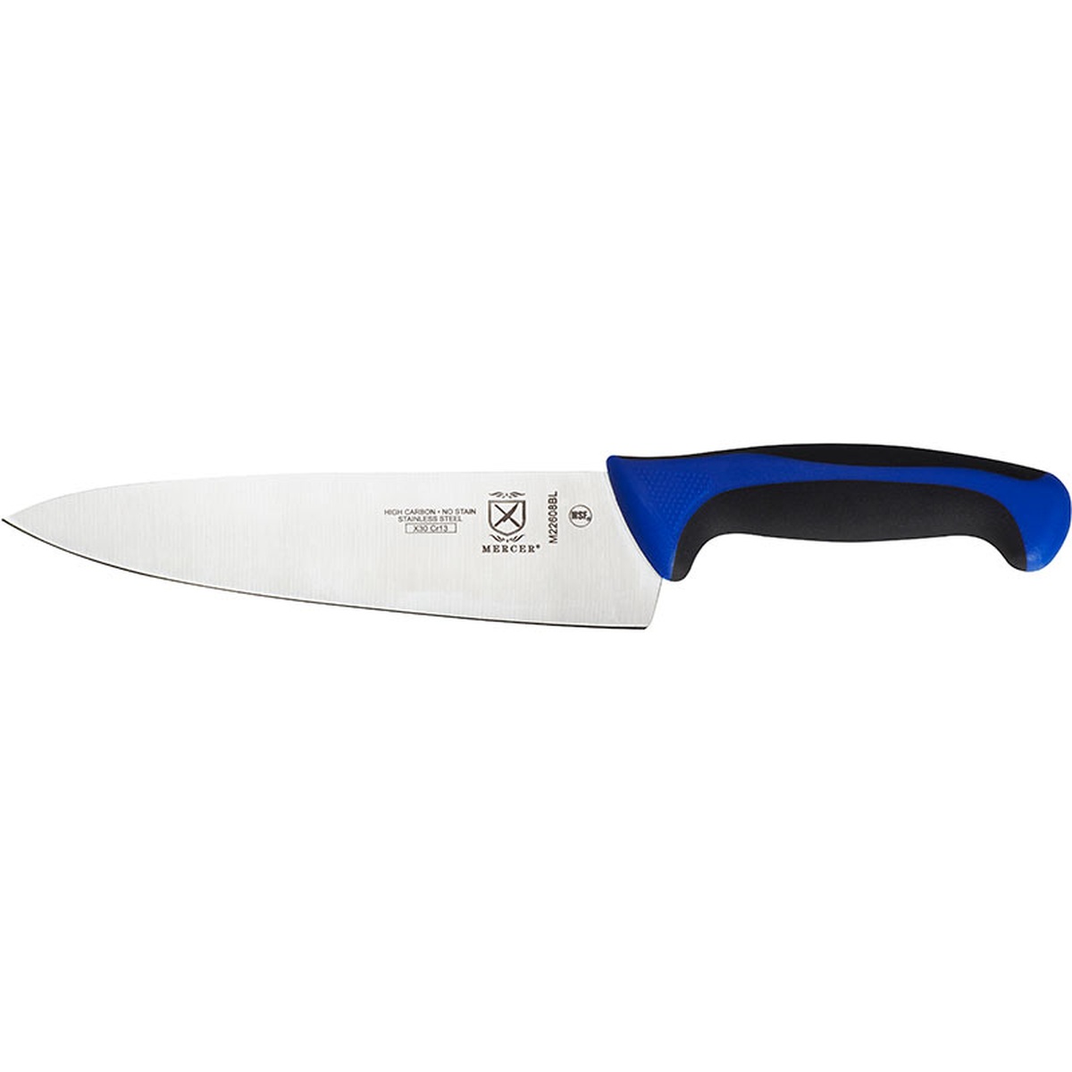 Mercer Culinary Millennia Colors 8-inch chef's knife with blue and black ergonomic handle and high-carbon stainless steel blade