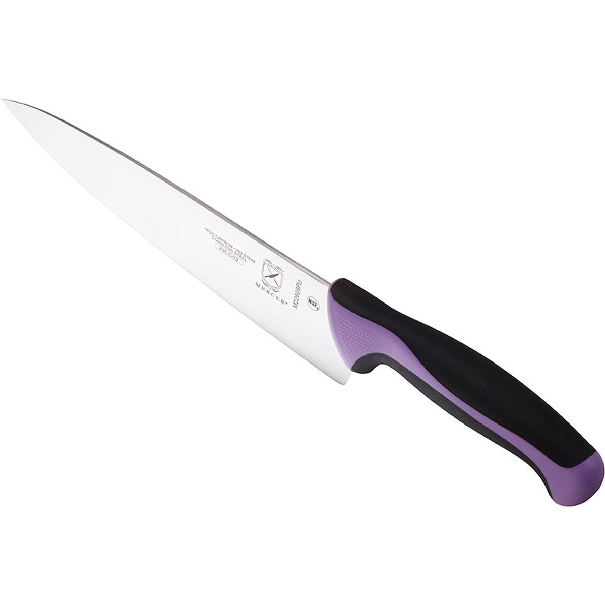 Mercer Culinary Millennia chef's knife angled view highlighting the textured two-tone handle and tapered blade