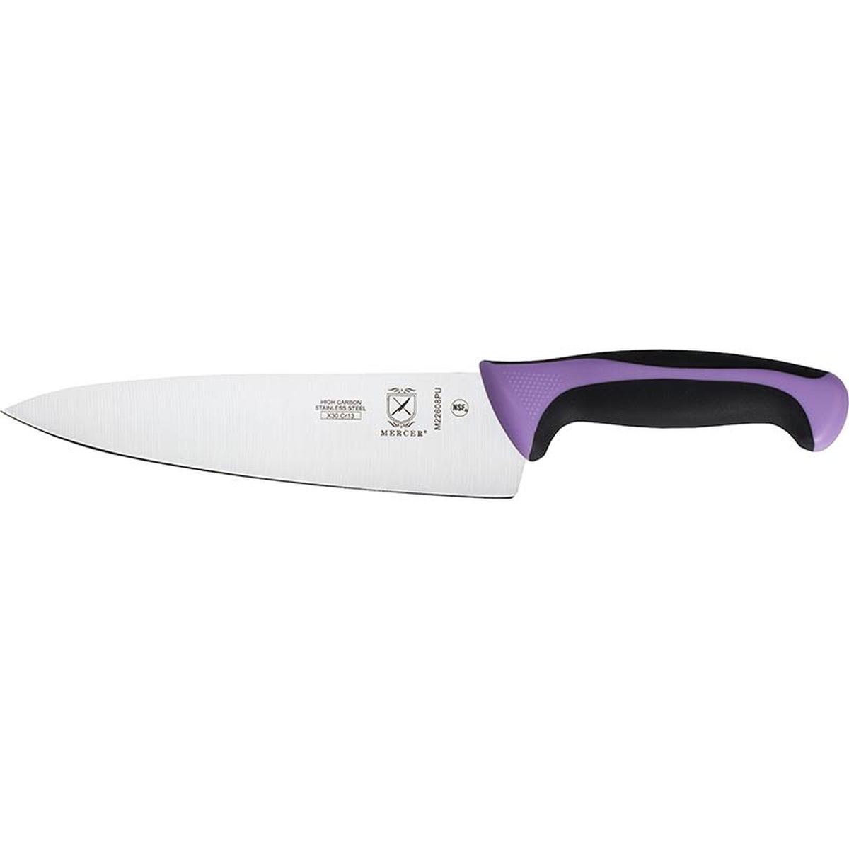 Mercer Culinary Millennia 8-inch chef's knife side profile showing full blade length and two-tone ergonomic handle