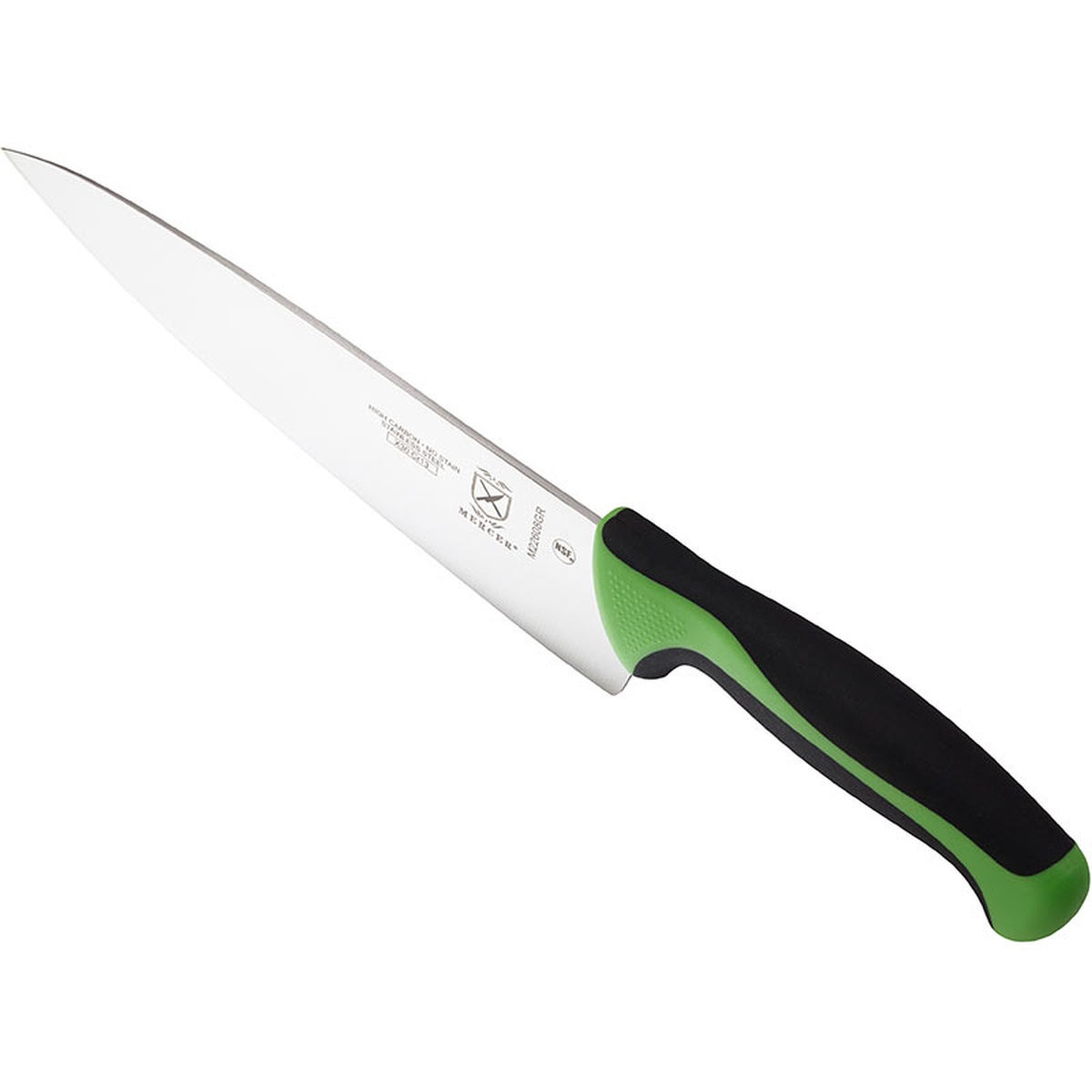 Mercer Culinary Millennia Colors 8-inch chef's knife angled view showing green handle detail and full blade length