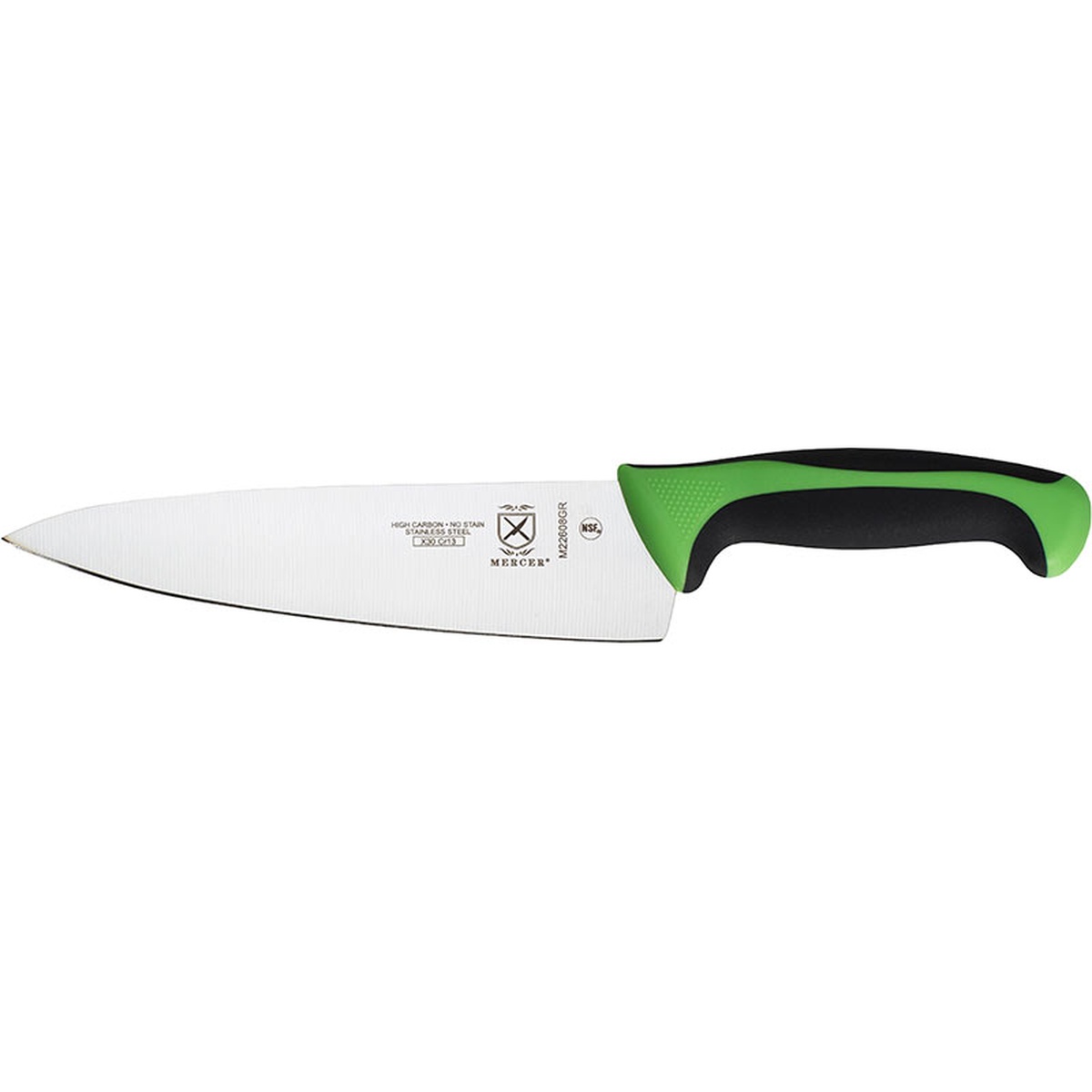 Mercer Culinary Millennia Colors 8-inch chef's knife with green and black Santoprene handle on white background