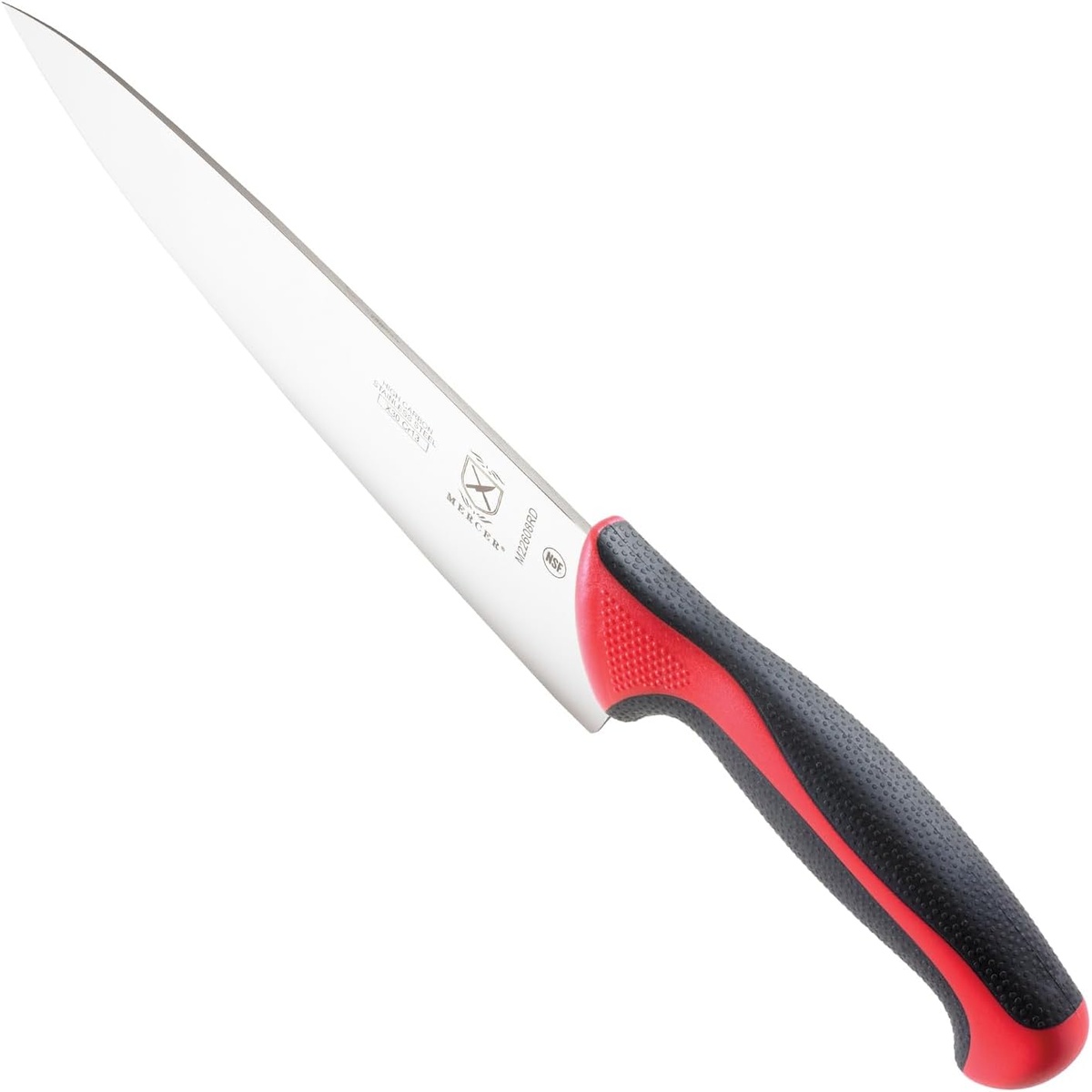 Angled view of the 8-inch high-carbon steel blade and textured red handle