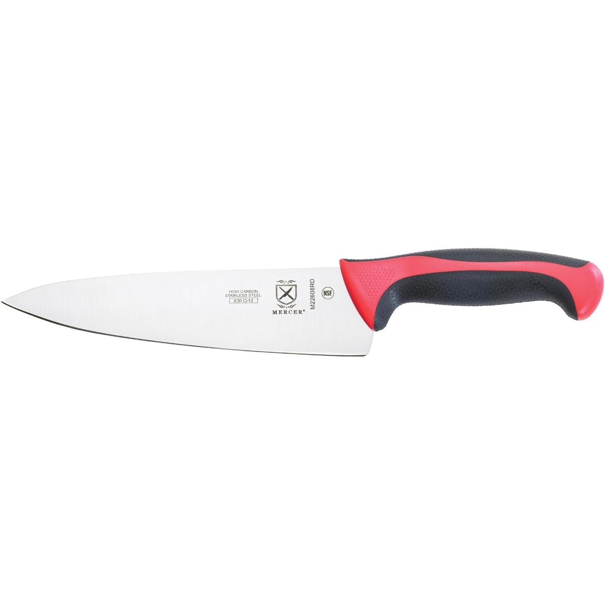 Side profile of the Mercer Culinary Millennia 8-inch chef knife with a red handle