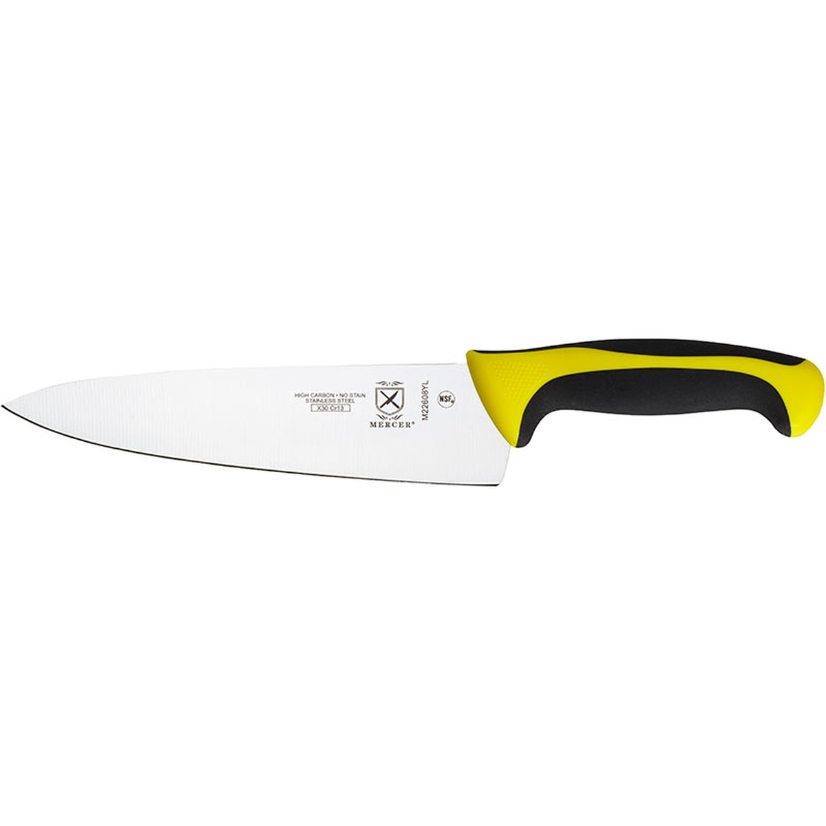 Mercer Culinary Millennia 8-inch Chef's Knife with yellow and black ergonomic handle, side profile view