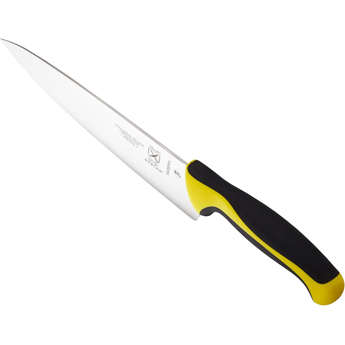 Mercer Culinary Millennia Chef's Knife angled view highlighting the yellow Santoprene and polypropylene handle with finger guard