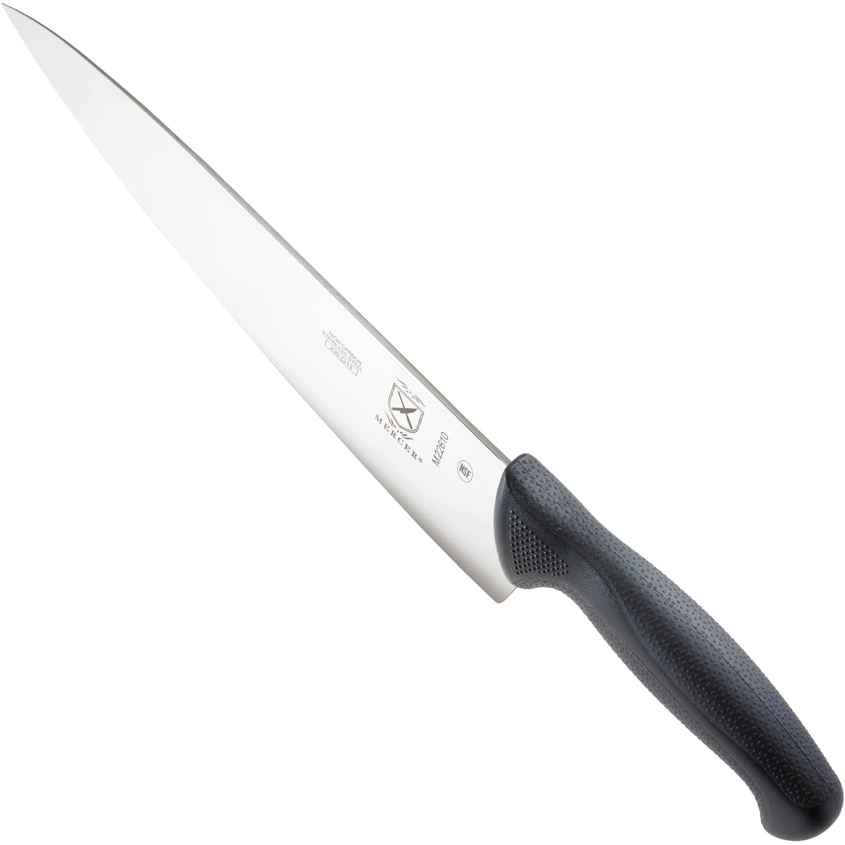 Mercer Culinary M22610 Millennia 10-inch chef's knife with silver blade and black handle shown in full