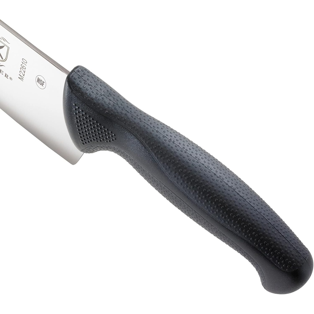 Close-up of the Mercer Culinary M22610 black ergonomic handle with textured finger points and protective finger guard