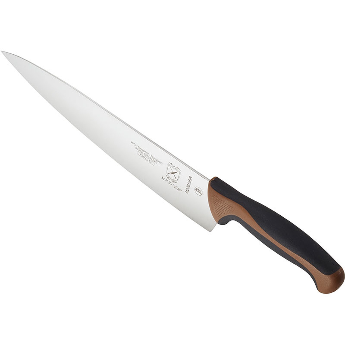 Mercer Culinary Millennia 10-inch chef knife with brown and black ergonomic handle, angled view