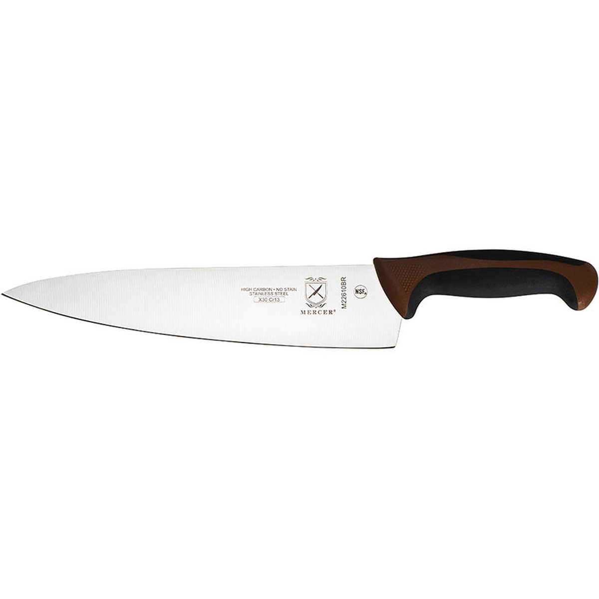 Mercer Culinary Millennia 10-inch chef knife with brown handle, side profile view