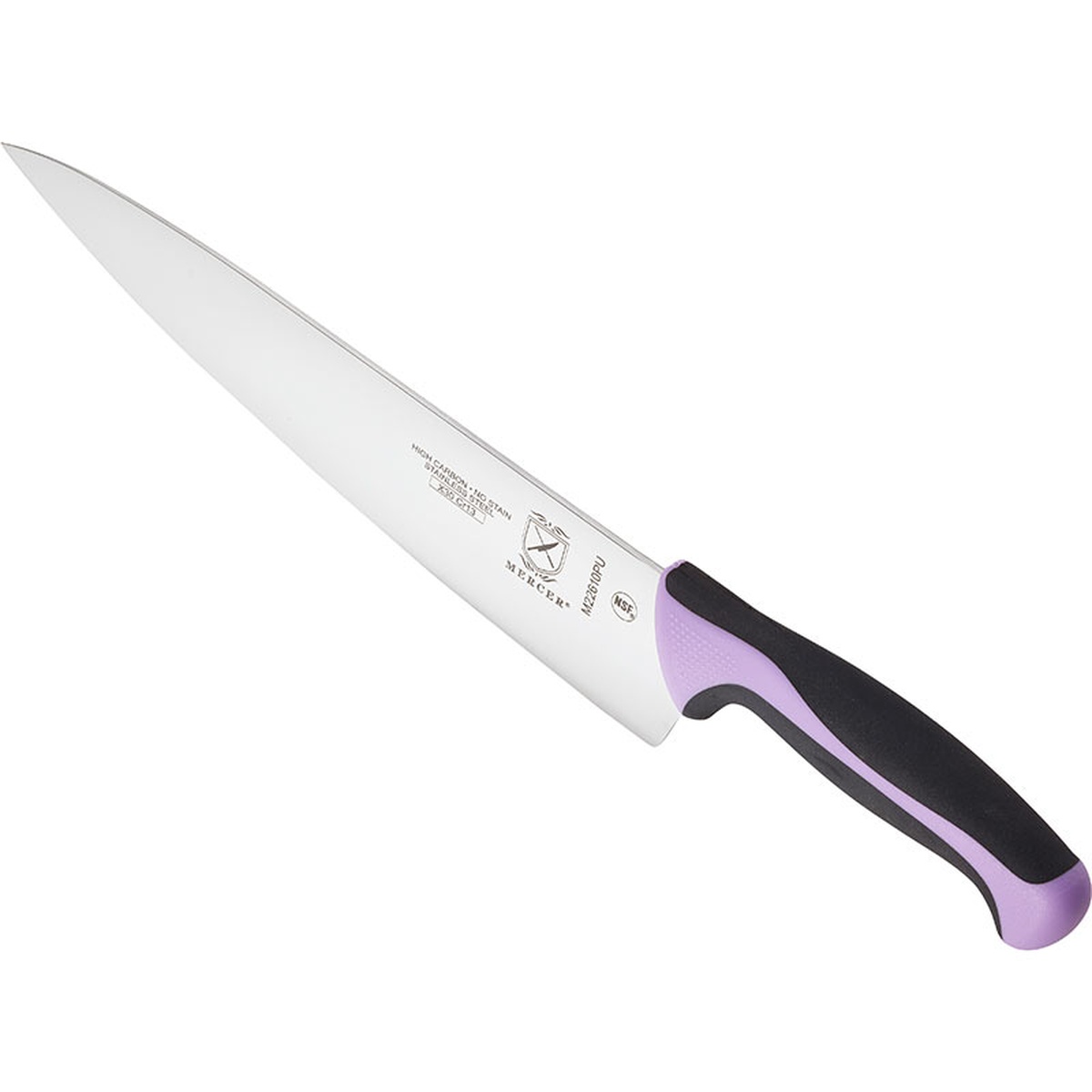 Mercer Culinary M22610PU 10-inch chef's knife angled view highlighting the purple Santoprene handle and protective finger guard