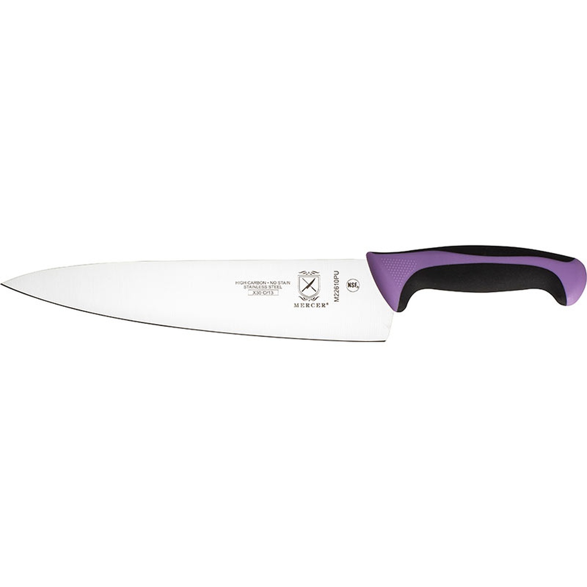 Mercer Culinary M22610PU 10-inch chef's knife with purple and black ergonomic handle, full side profile view