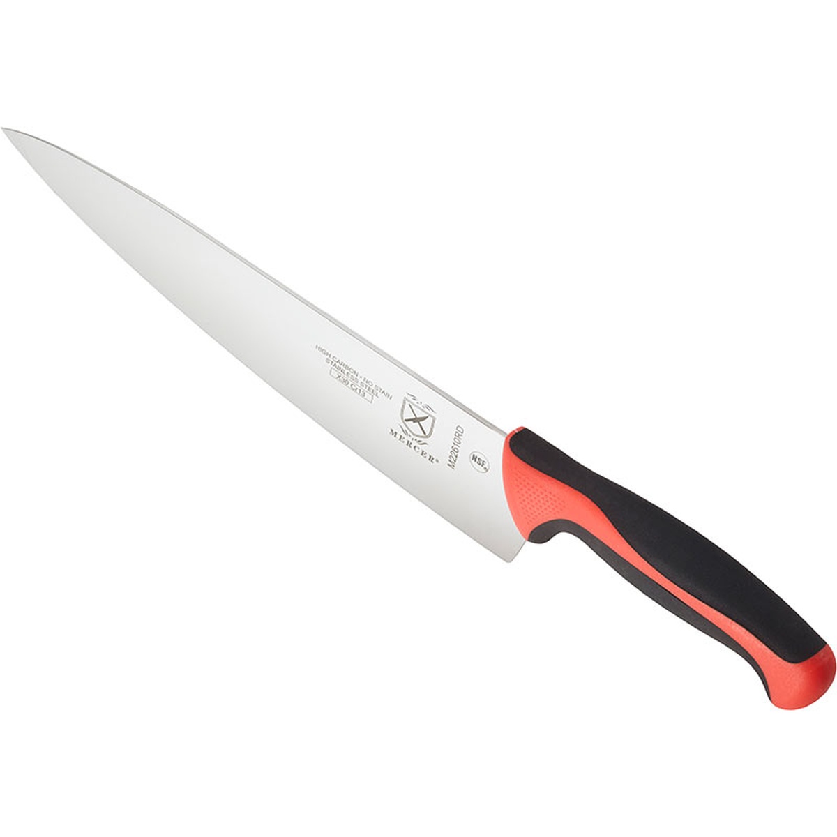 Mercer Culinary M22610RD Millennia chef knife angled view showing red Santoprene handle with finger guard detail