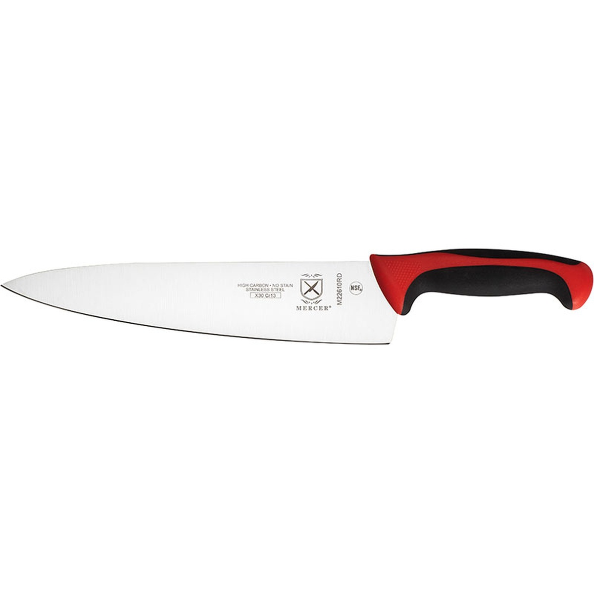 Mercer Culinary M22610RD Millennia 10-inch chef knife with red and black ergonomic handle, side profile view
