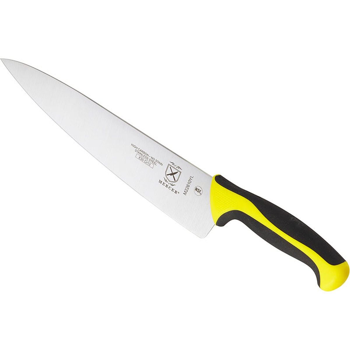 Mercer Culinary Millennia 10-inch Chef Knife with Yellow Handle angled view