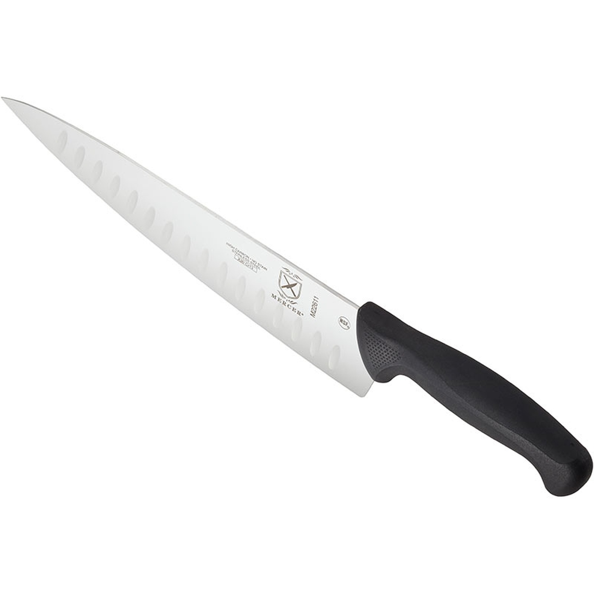 Mercer Culinary M22611 Millennia Chef's Knife angled view highlighting the Granton edge grooves and ergonomic black handle