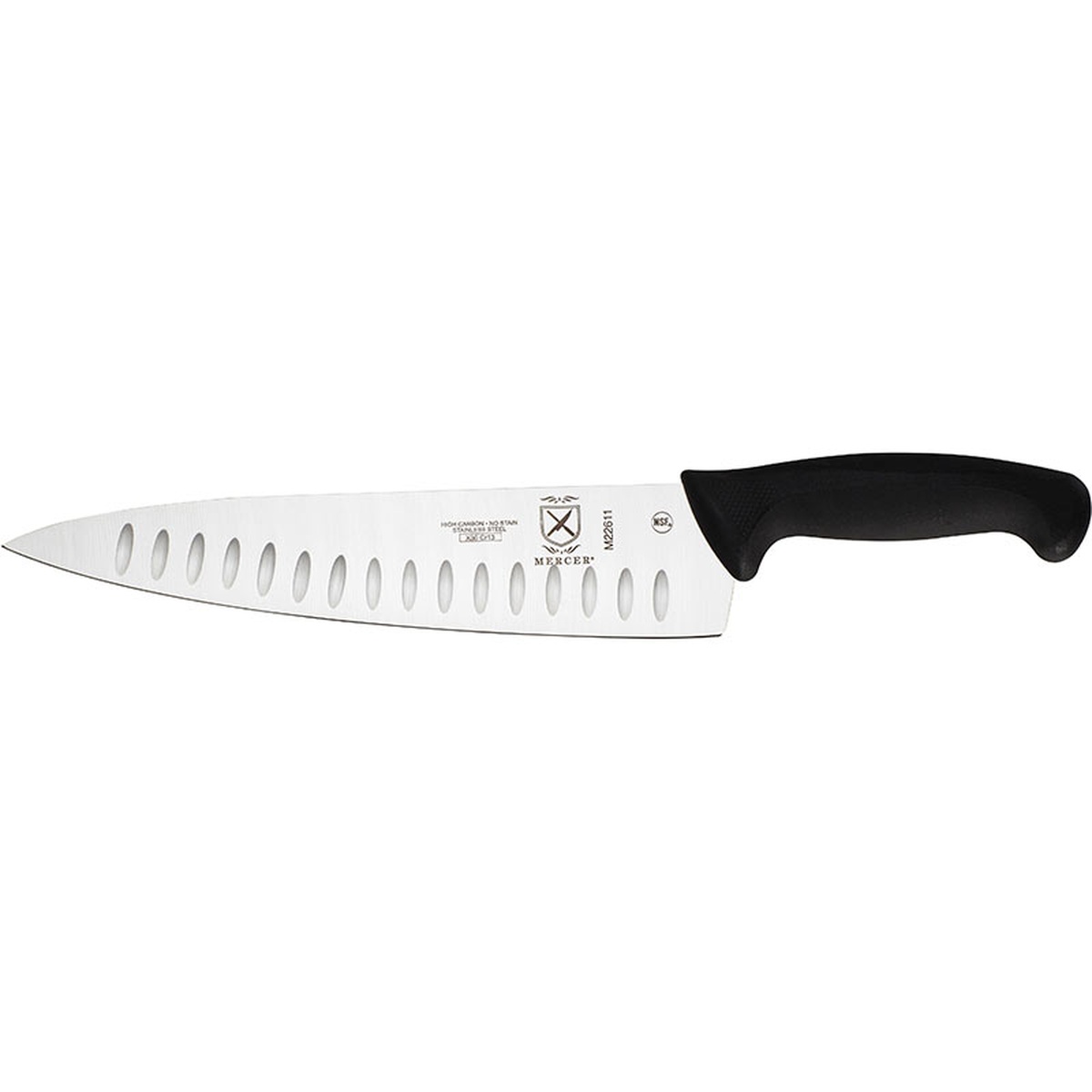 Mercer Culinary M22611 Millennia 10-inch Granton Edge Chef's Knife with black Santoprene handle, side profile view