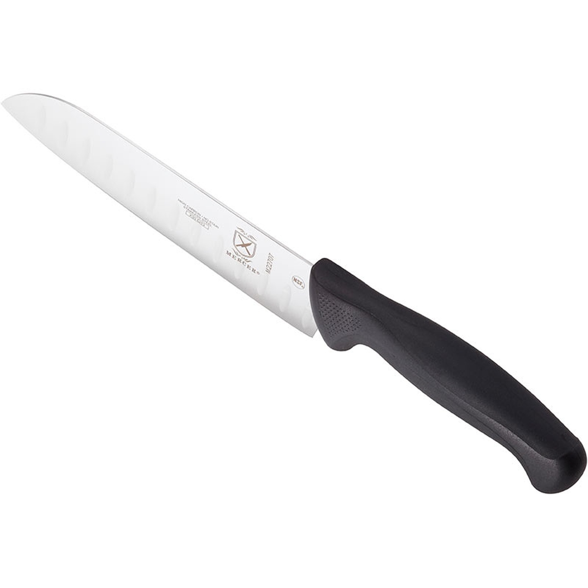 Angled view of Mercer Millennia Santoku Knife highlighting the ergonomic black handle