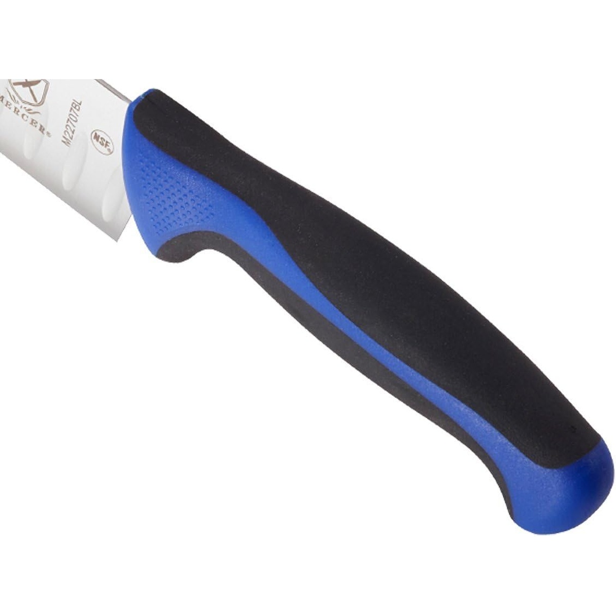 Ergonomic blue and black slip resistant handle with NSF logo