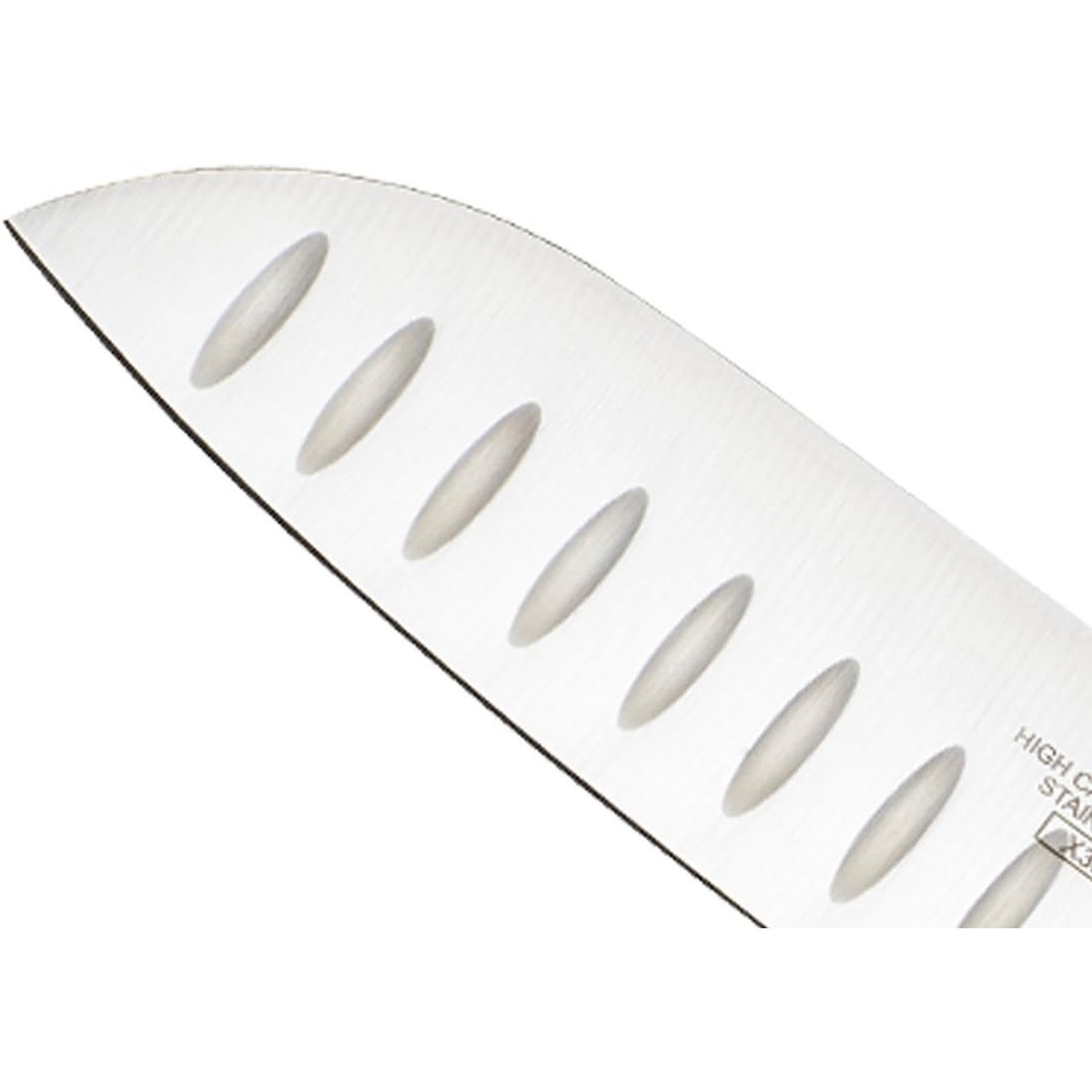 Detail view of the Granton edge grooves on the high carbon steel blade of the Santoku knife.
