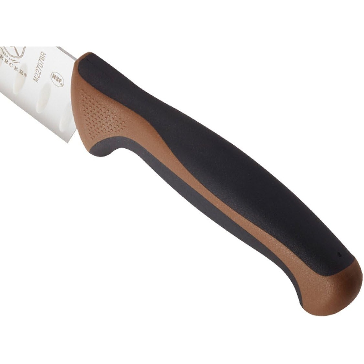 Close up of the brown and black ergonomic handle featuring textured finger points for a secure grip.