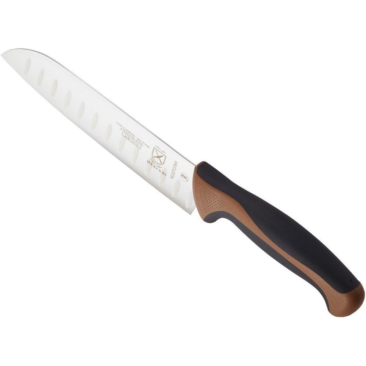 Mercer Culinary Millennia 7 inch Santoku Knife with a brown handle and high carbon steel blade.
