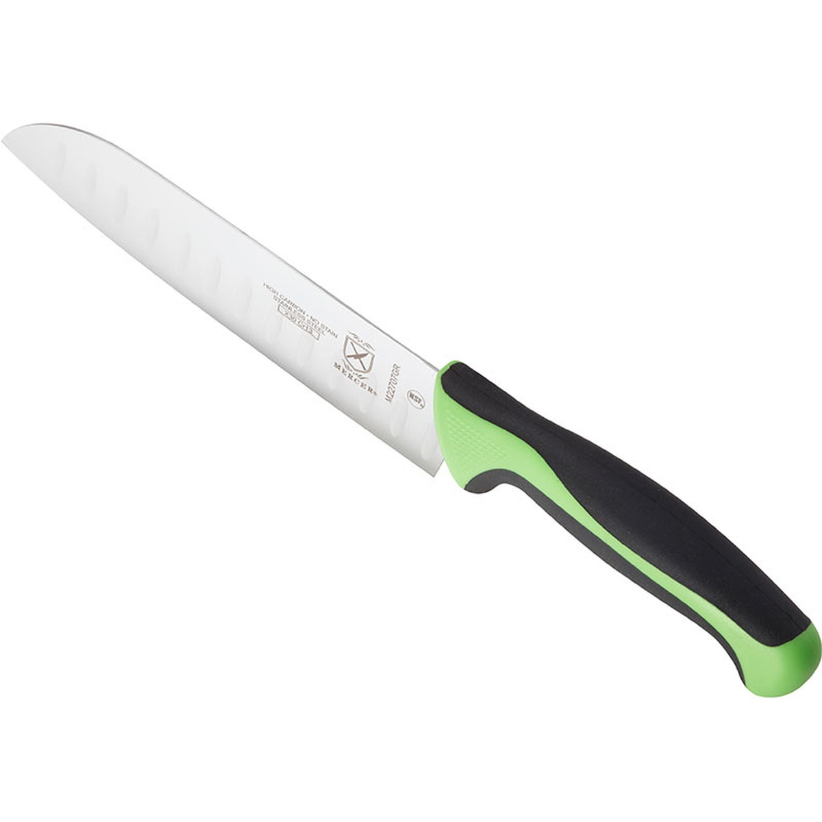 Mercer Culinary M22707GR Santoku Knife angled view showing green Santoprene handle ergonomic finger guard and granton edge blade