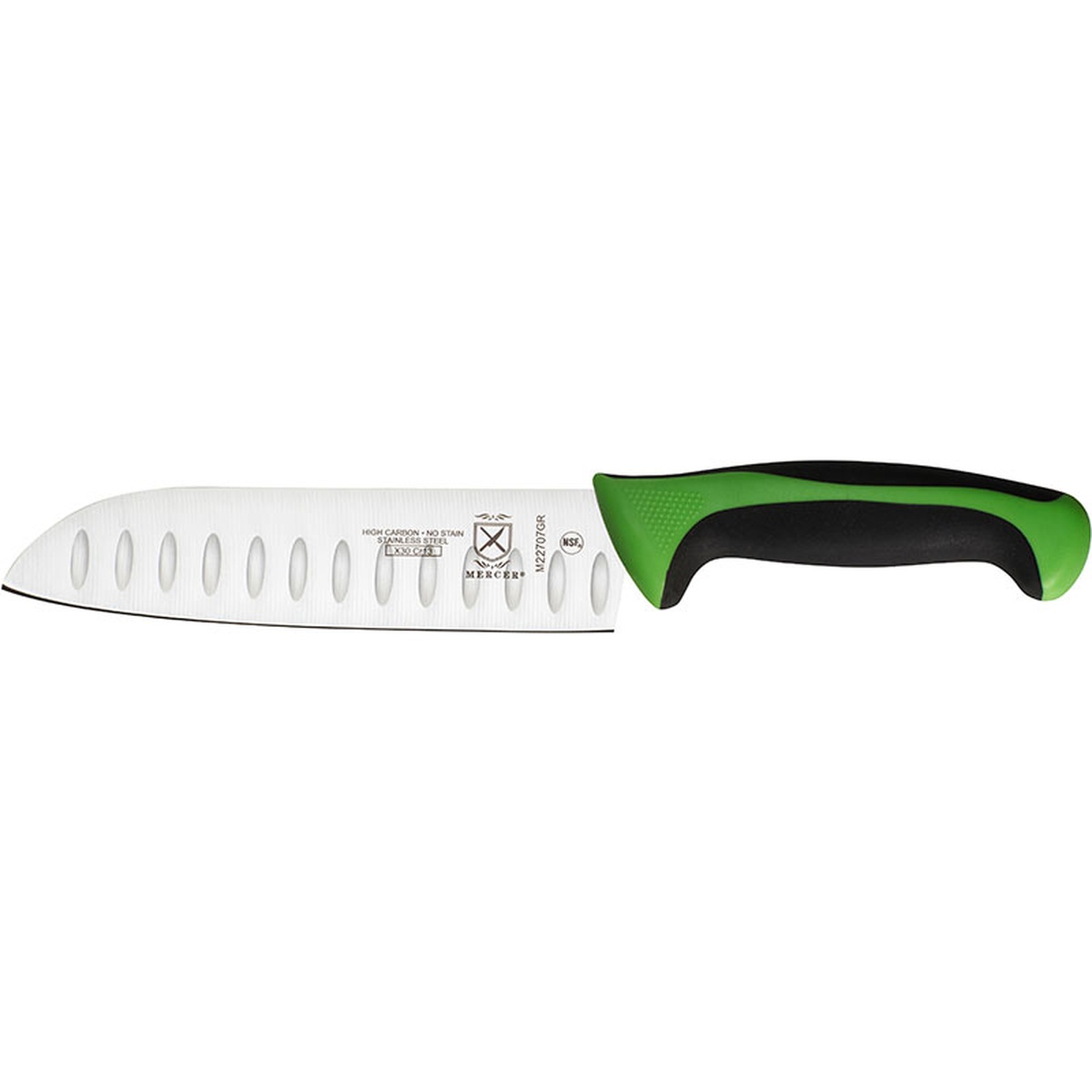 Mercer Culinary M22707GR 7-inch Granton Edge Santoku Knife with green and black Santoprene handle, side profile view