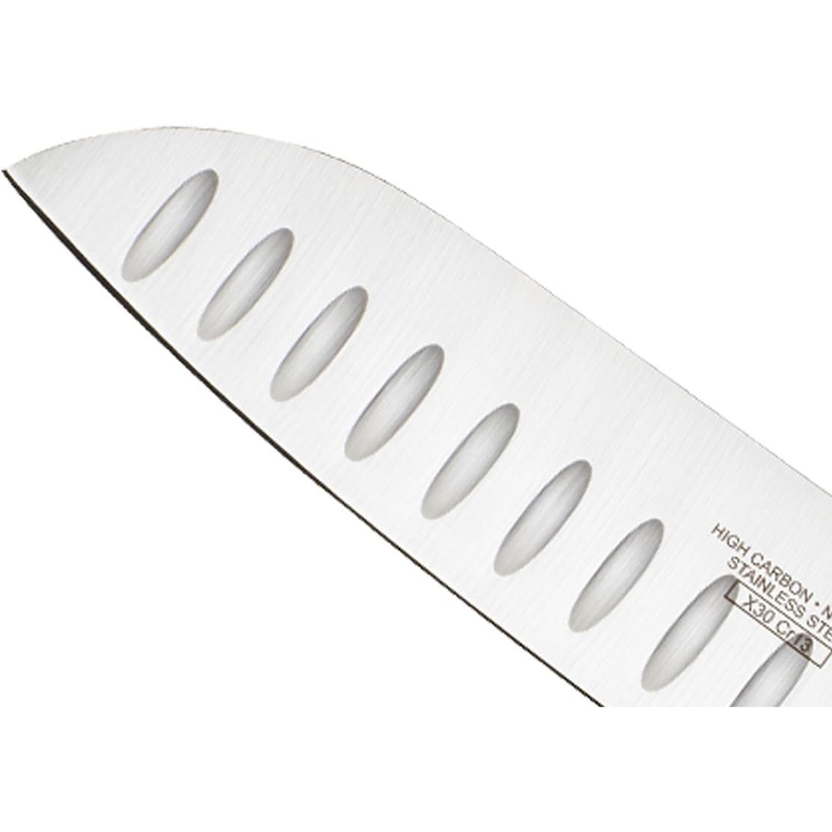 Close-up of the Mercer Culinary M22707PU santoku blade showing granton edge scallops and high carbon stainless steel etching