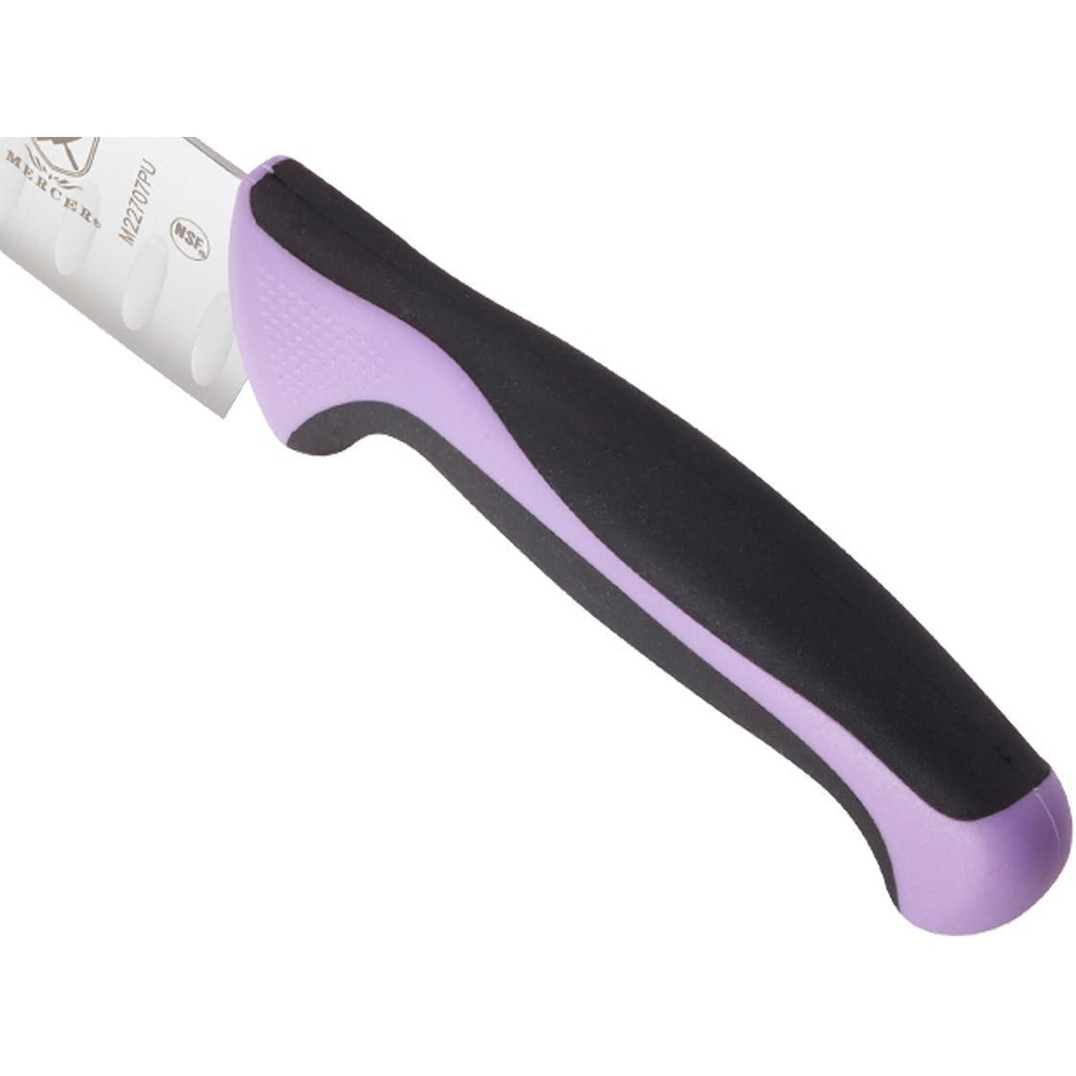 Close-up of the purple and black Santoprene and polypropylene ergonomic handle of the Mercer Culinary M22707PU knife with visible NSF stamp