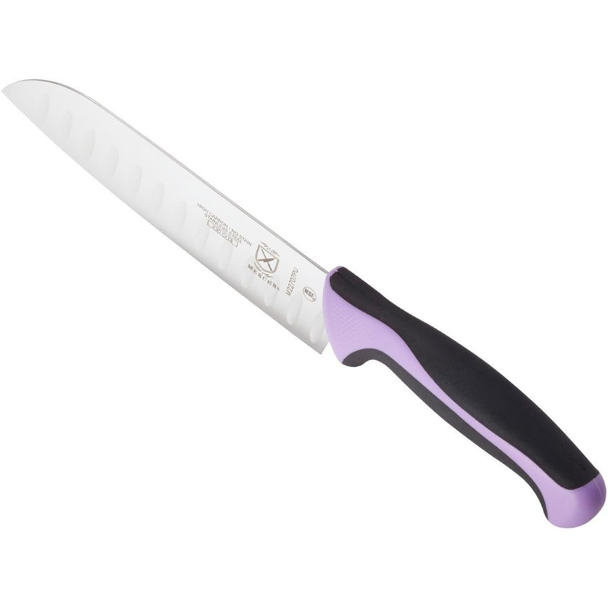 Mercer Culinary M22707PU 7-inch santoku knife with purple and black handle shown at an angle