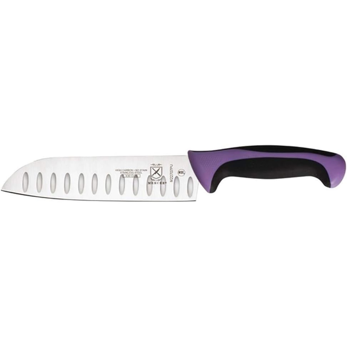 Mercer Culinary M22707PU santoku knife side profile showing full blade and purple handle