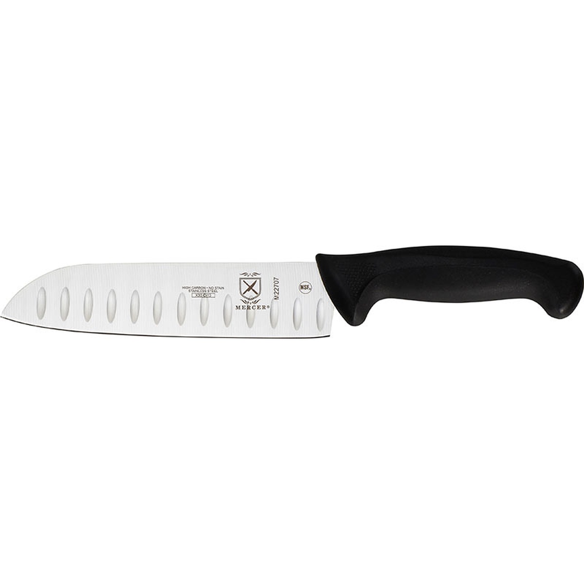 Mercer Culinary Millennia 7-inch Granton Edge Santoku Knife side view showing hollow-ground grooves along the blade