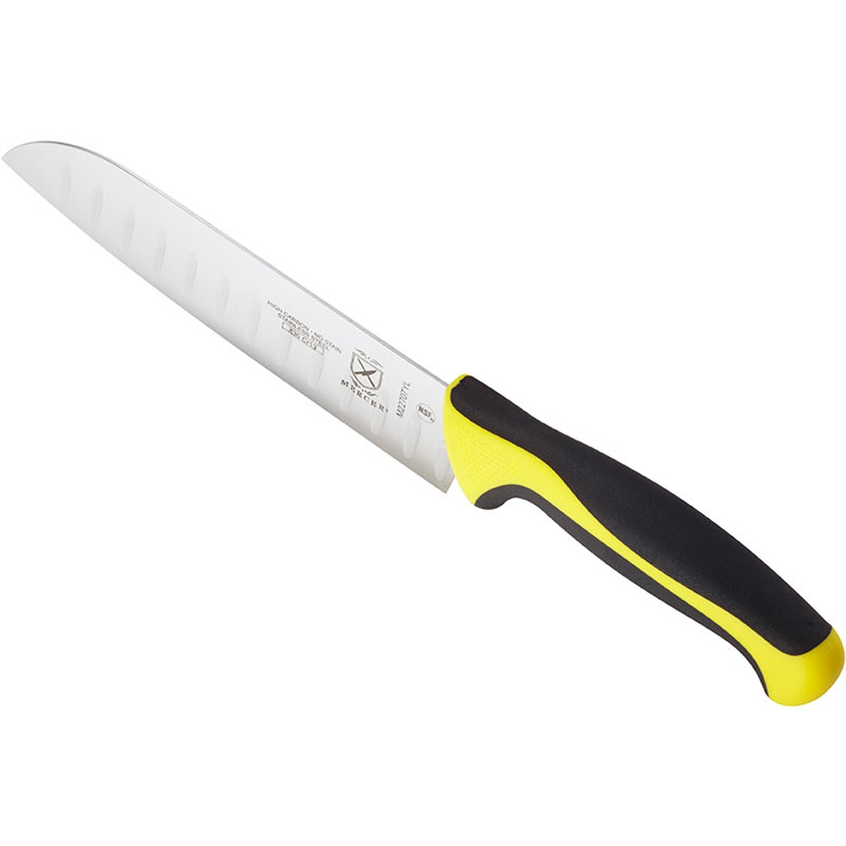 Mercer Culinary M22707YL Santoku knife angled view highlighting yellow and black ergonomic Santoprene handle with finger guard