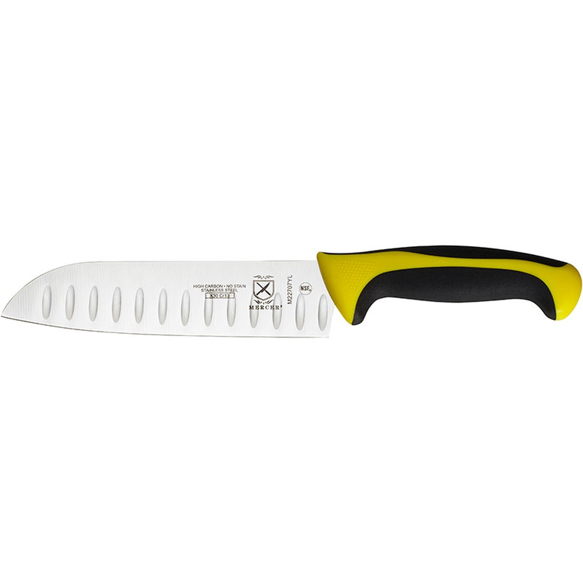 Mercer Culinary M22707YL 7-inch Santoku knife with granton edge blade and yellow Santoprene handle, side profile view