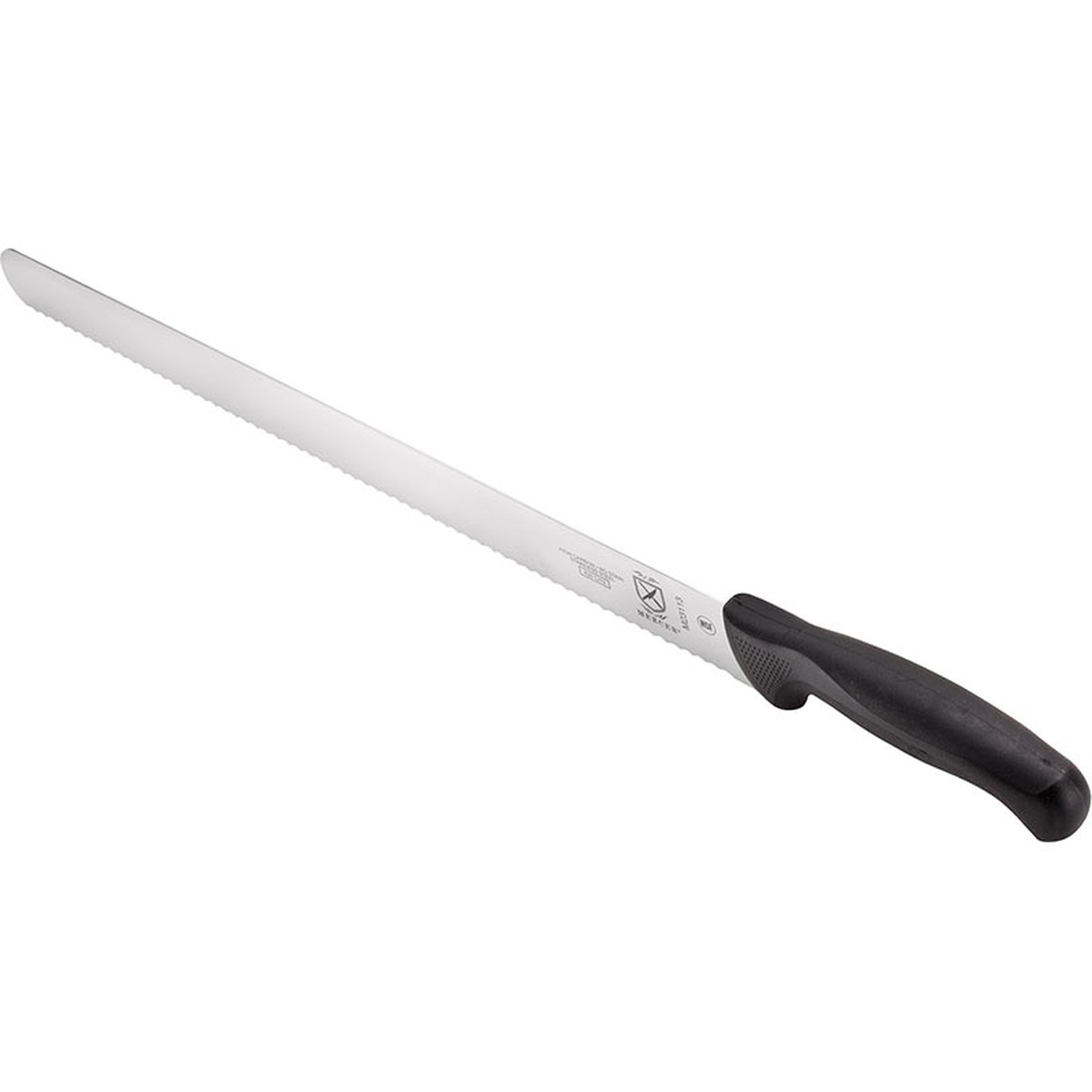 Mercer Culinary Millennia M23114 cake slicer angled view showing wavy blade edge and textured black handle grip