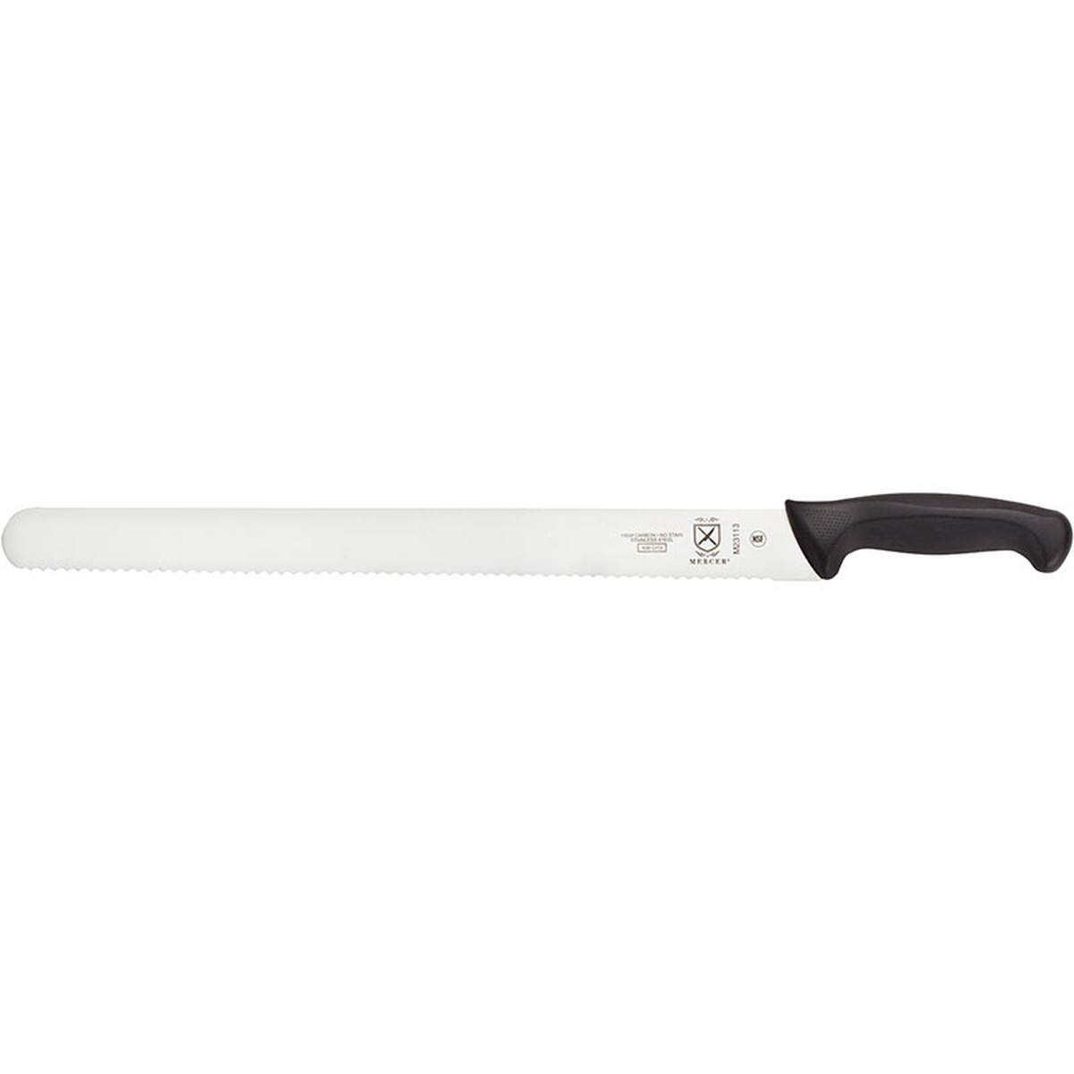 Mercer Culinary Millennia M23114 18-inch wavy edge cake slicer with black ergonomic handle, side profile view