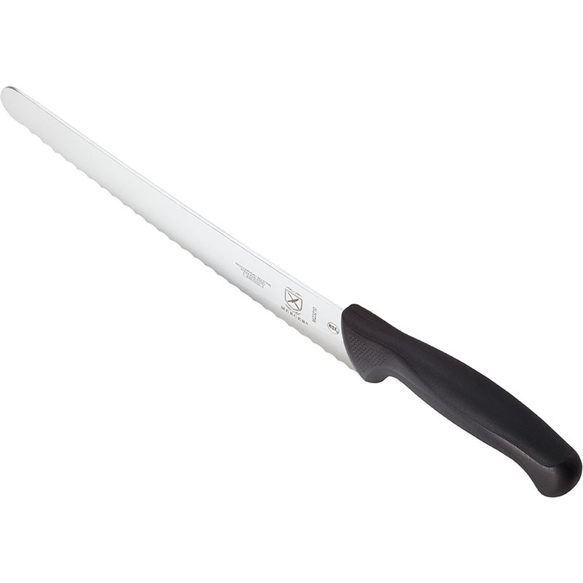Angled view of the Mercer Culinary Millennia bread knife showing the textured handle and serrated blade