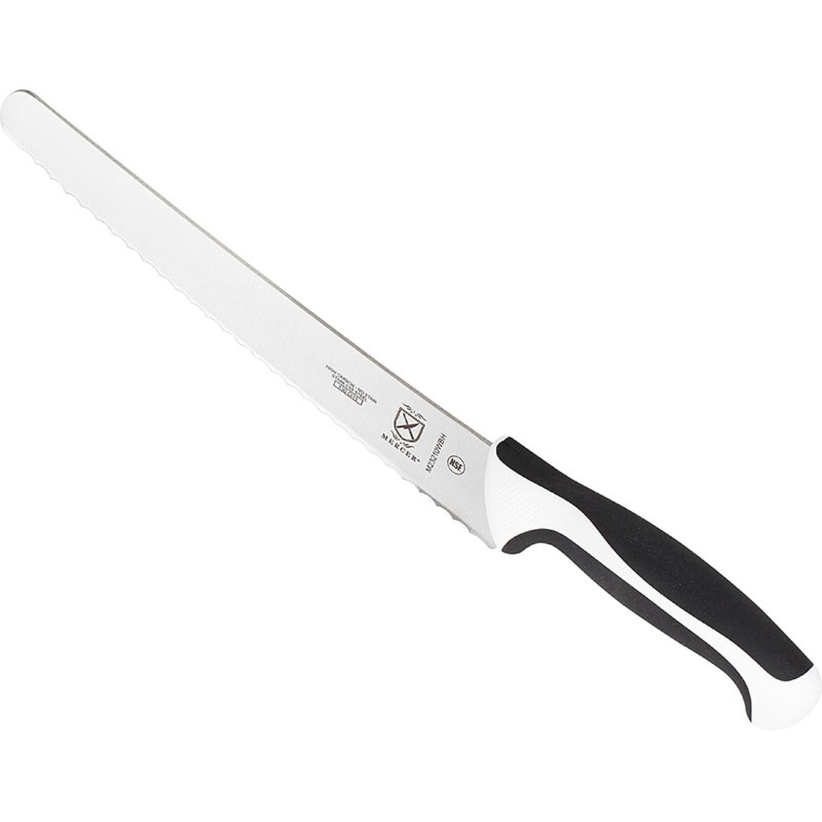 Angled view of Mercer Culinary Millennia bread knife highlighting the ergonomic white handle