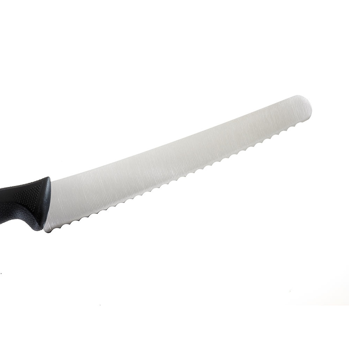 Detailed view of the wavy serrated edge of the high-carbon steel blade
