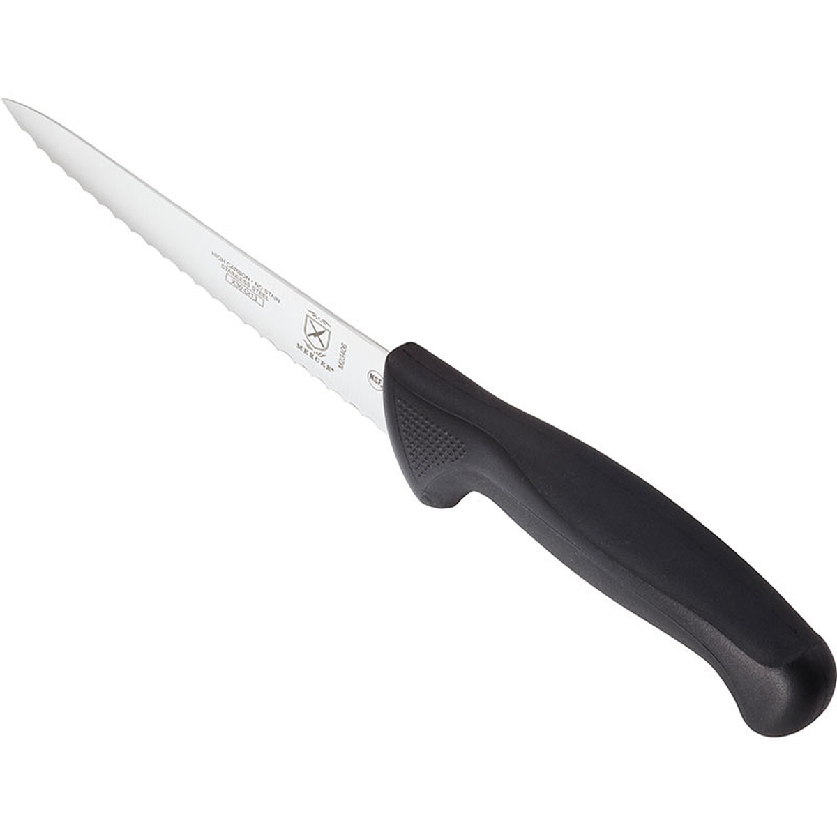 Mercer Culinary M23406 Millennia utility knife angled view showing wavy serrated edge and black ergonomic handle