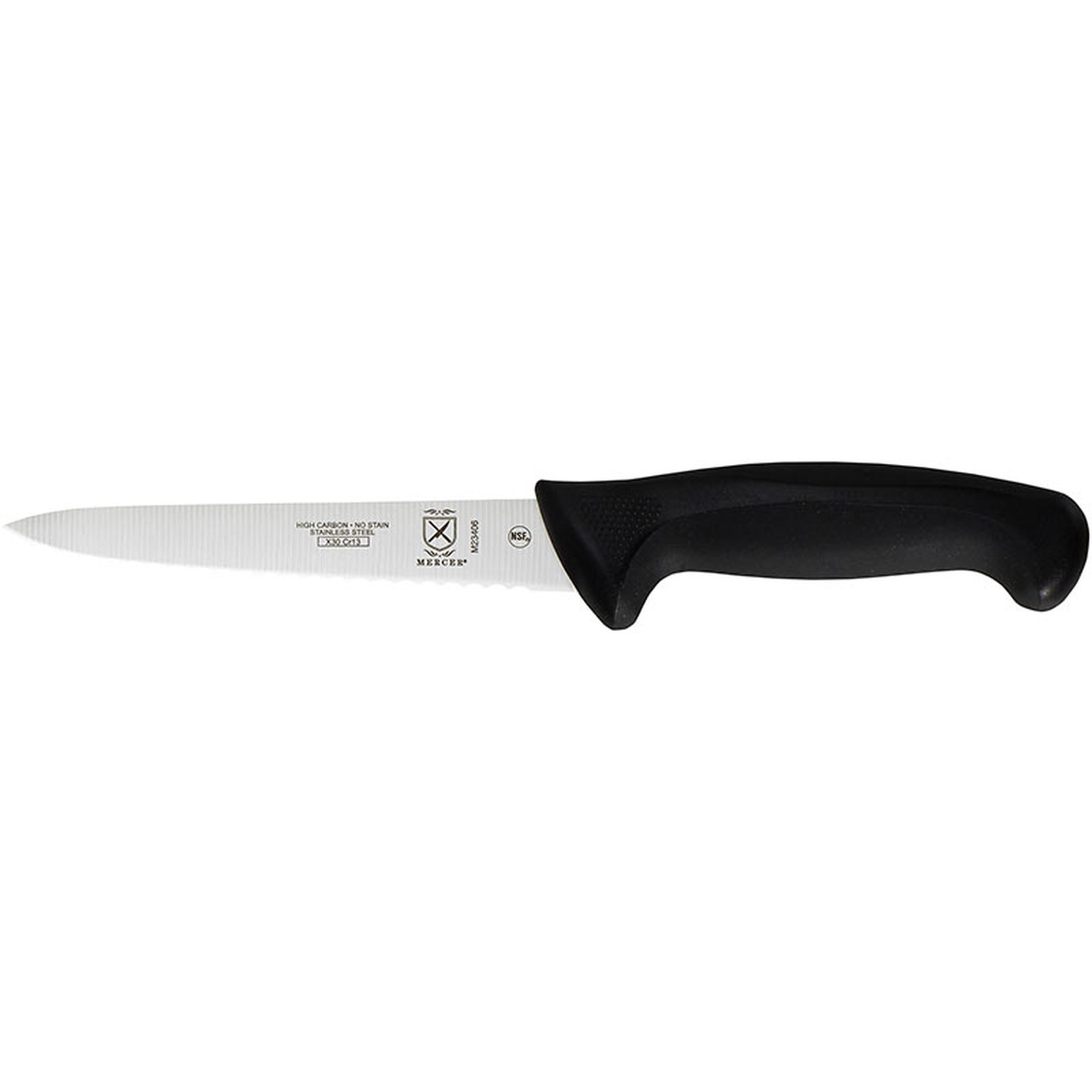 Mercer Culinary M23406 Millennia 6-inch wavy edge utility knife with black handle, side profile view