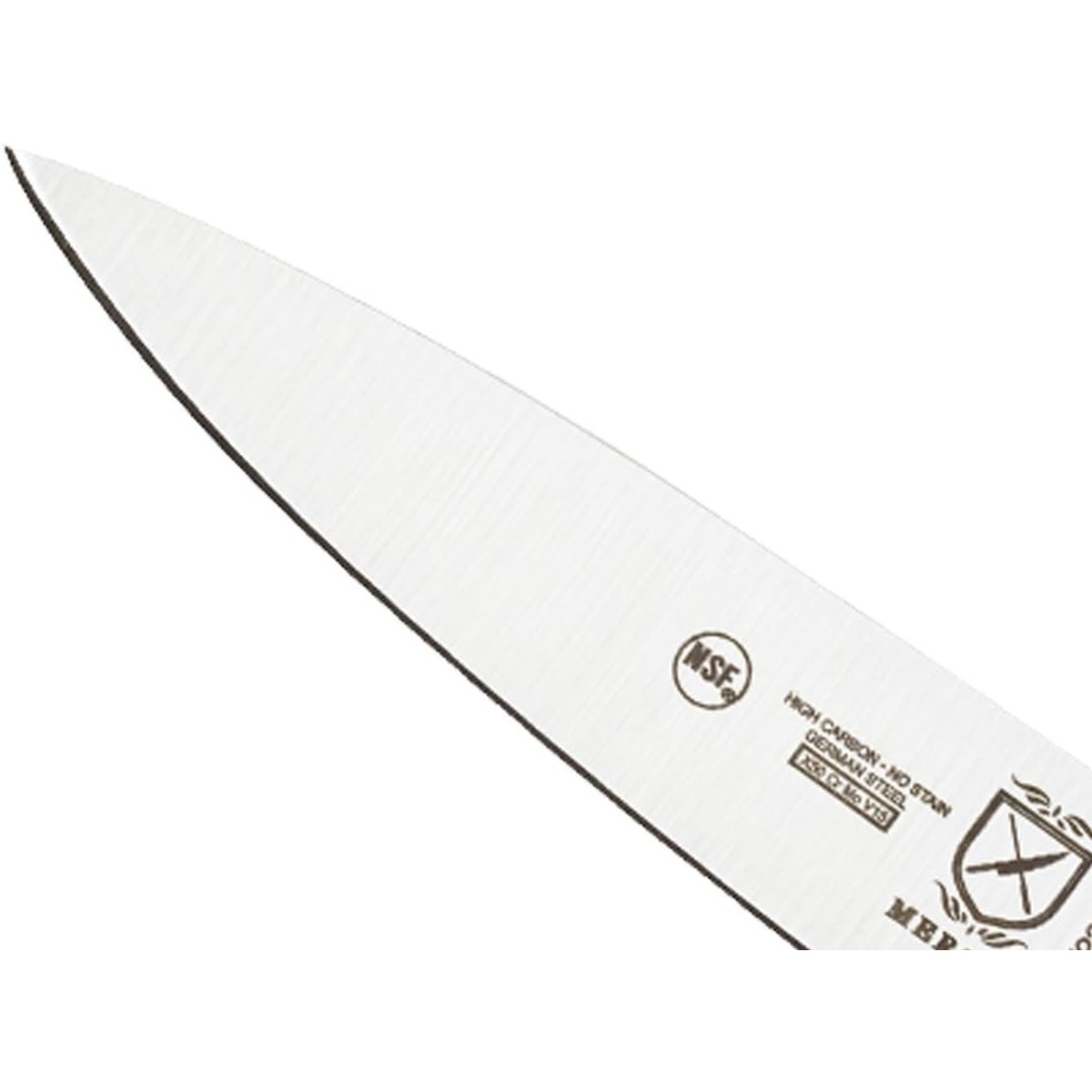 Close-up of Mercer Culinary M23530 blade tip showing NSF marking and high carbon no-stain German steel etching