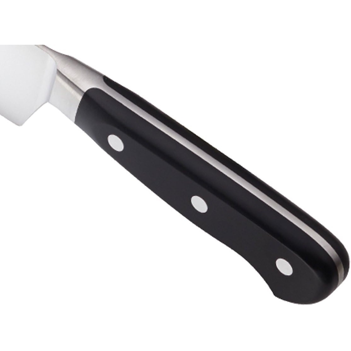 Close-up of Mercer Culinary M23530 triple-riveted black Delrin ergonomic handle with bolster detail