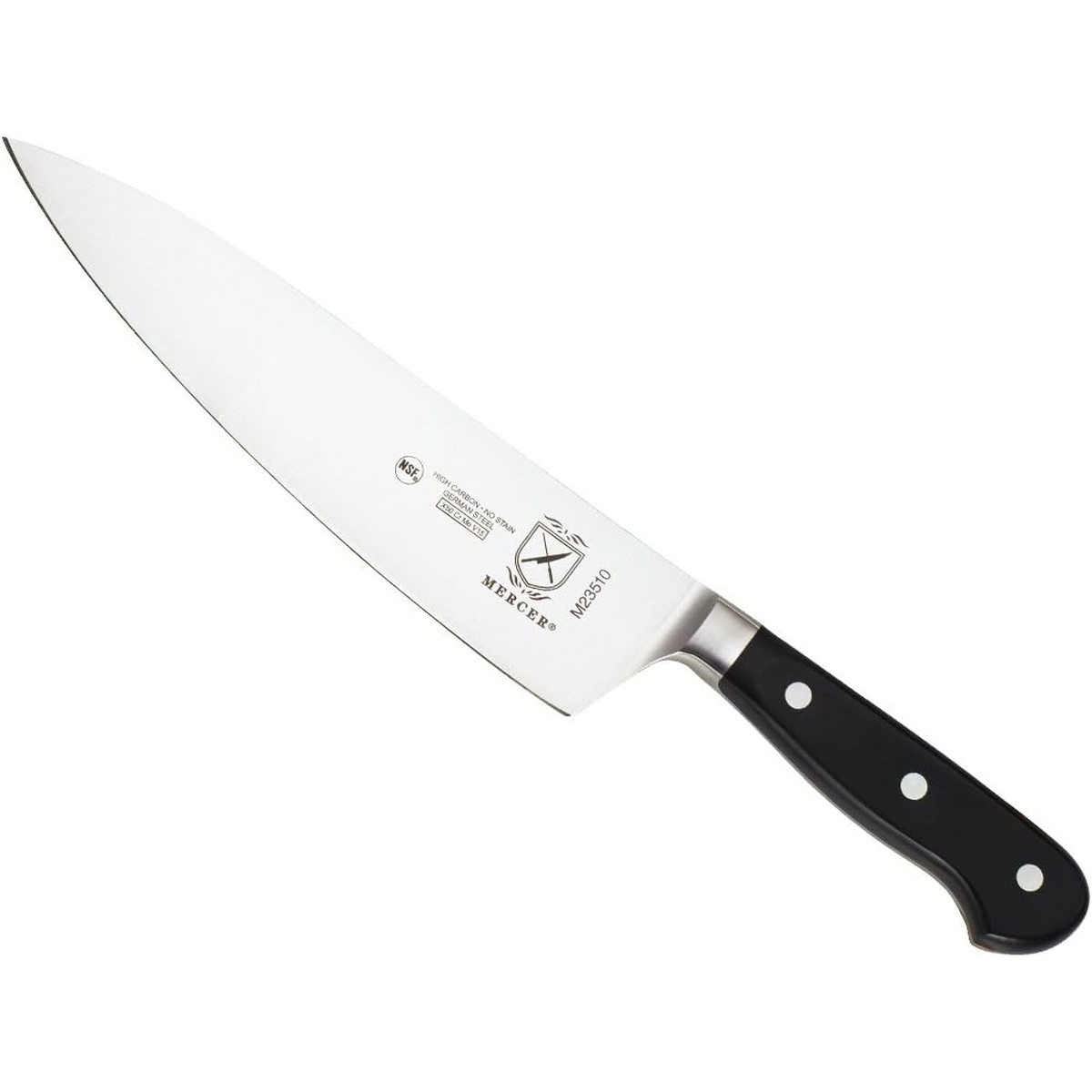 Mercer Culinary M23530 Renaissance 10-inch chef's knife full view with black Delrin handle and silver blade