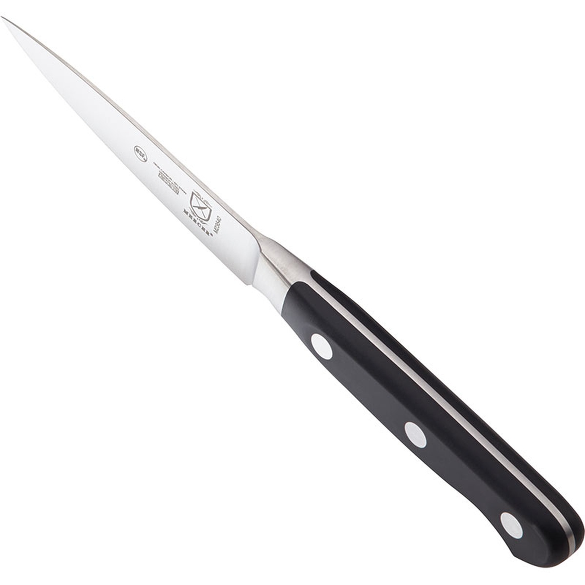 Angled view of the Mercer Renaissance paring knife highlighting the triple-riveted handle
