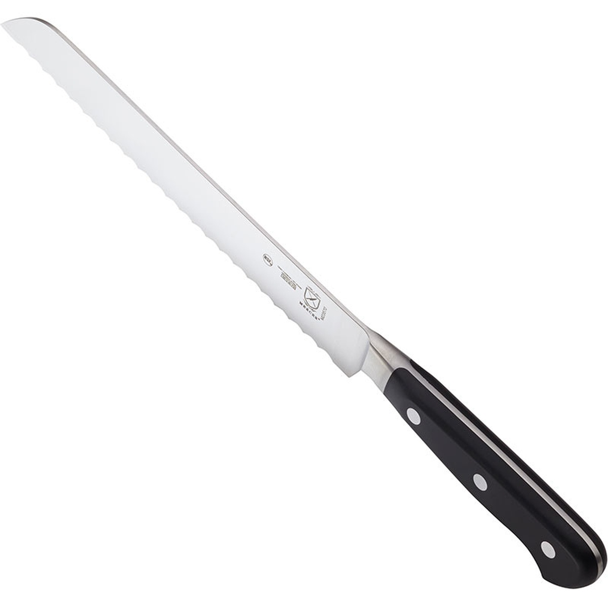 Mercer Culinary Renaissance bread knife angled view showing triple riveted ergonomic handle