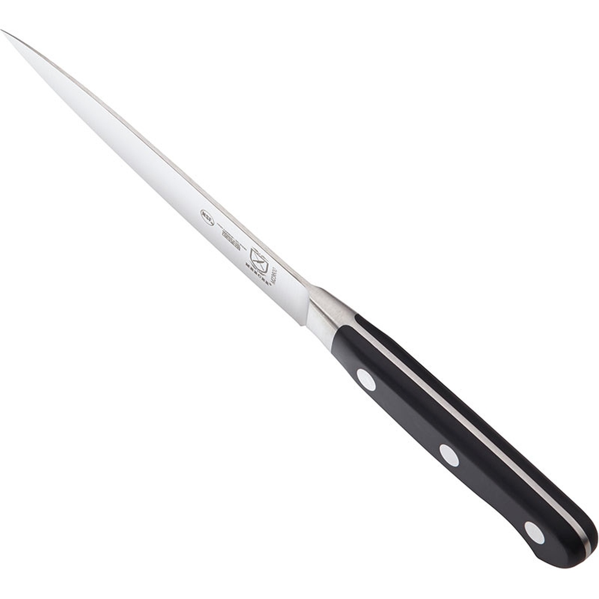 Mercer Culinary M23600 Renaissance utility knife angled view highlighting blade taper and black Delrin handle rivets