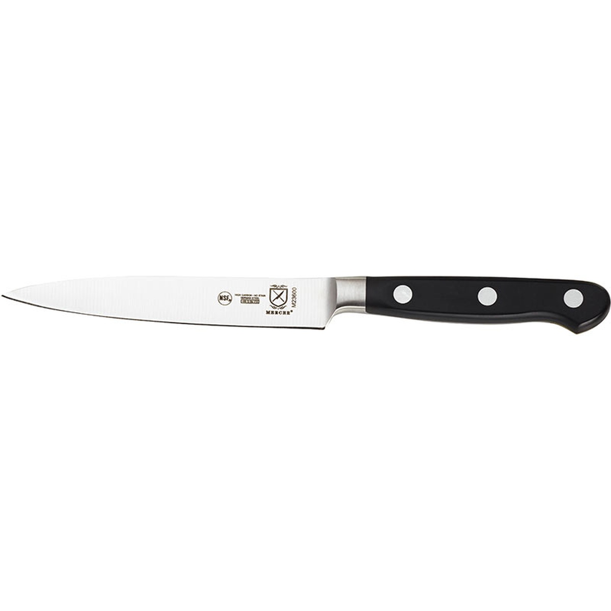 Mercer Culinary M23600 Renaissance 5-inch utility knife side profile showing full blade and triple-riveted black handle